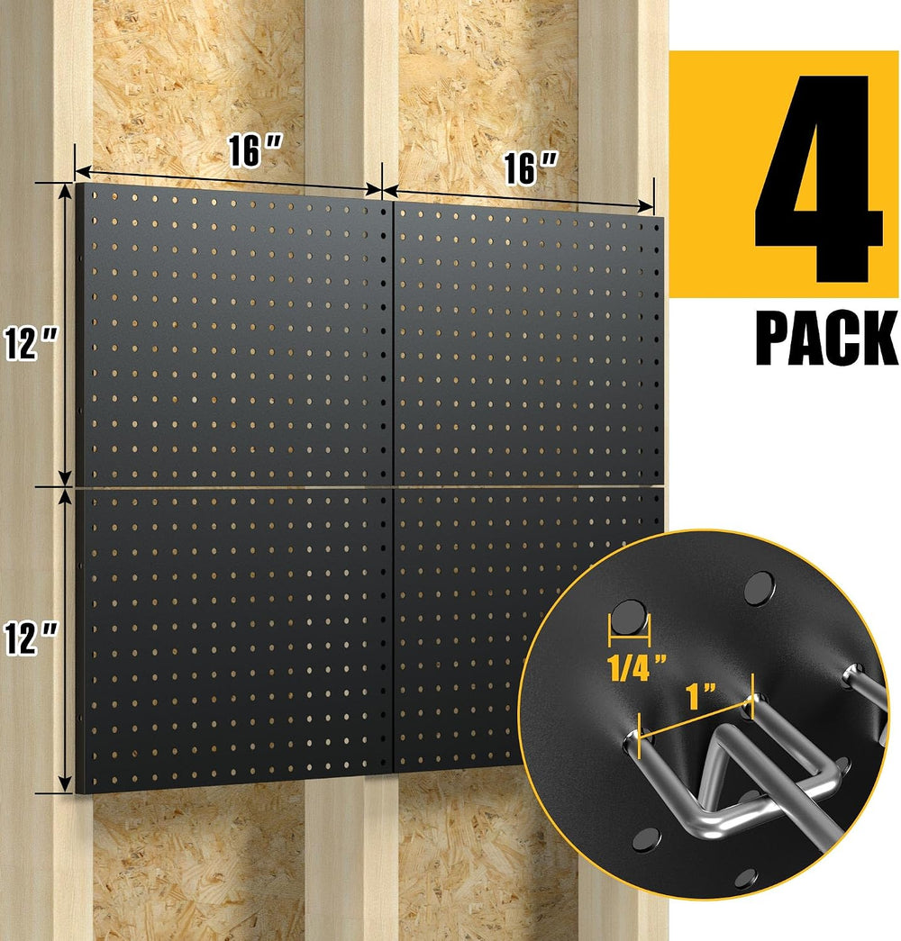 Spampur Peg Board, 4 Pack Metal Black Pegboard Panels with 50 Hooks