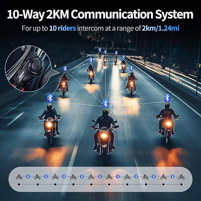 Motorcycle Helmet Bluetooth Headset, 10 Way 2KM Helmet Communication System (...