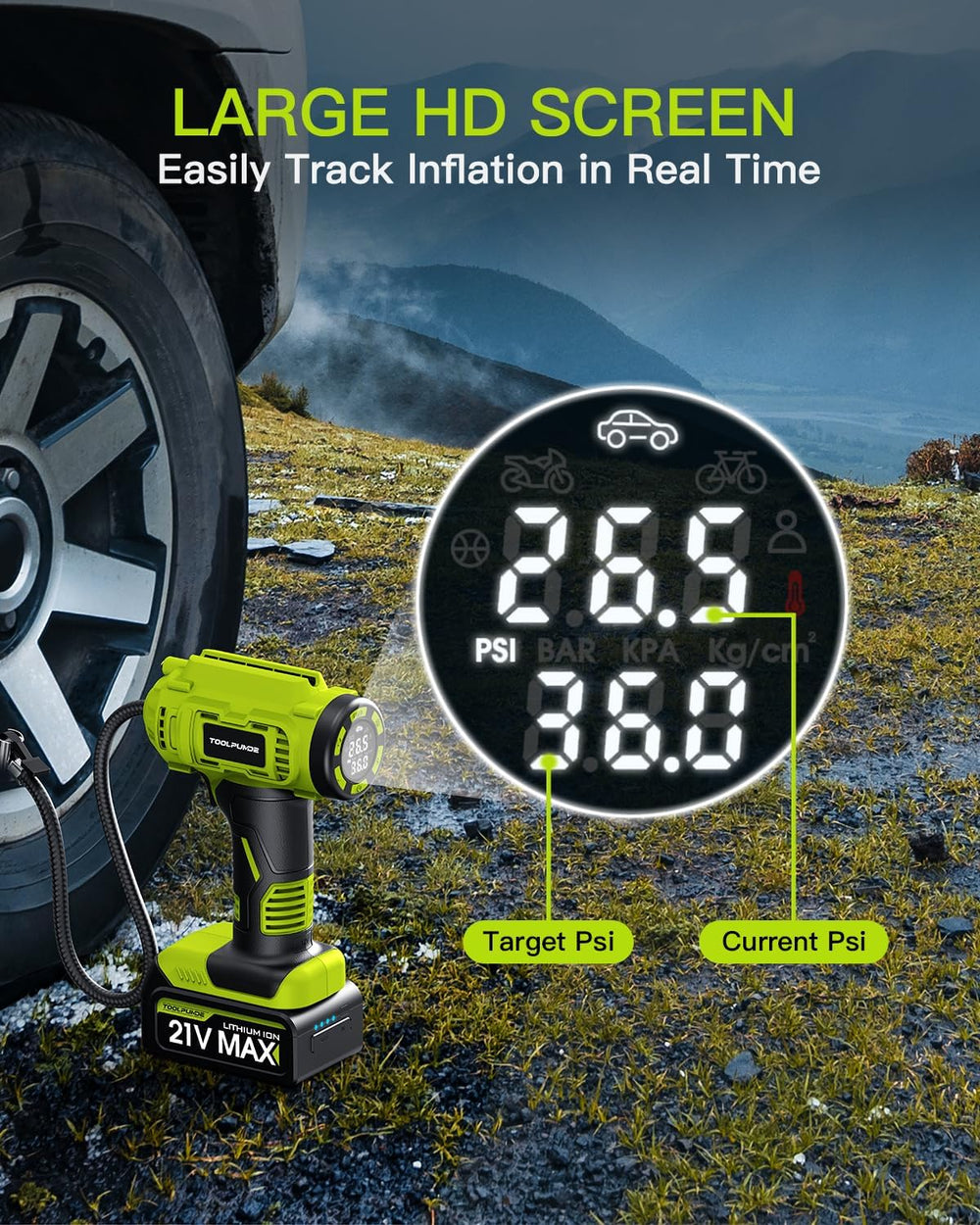 Upgraded Tire Inflator Portable Air Compressor, 5X Faster Inflation, 21V Rech...