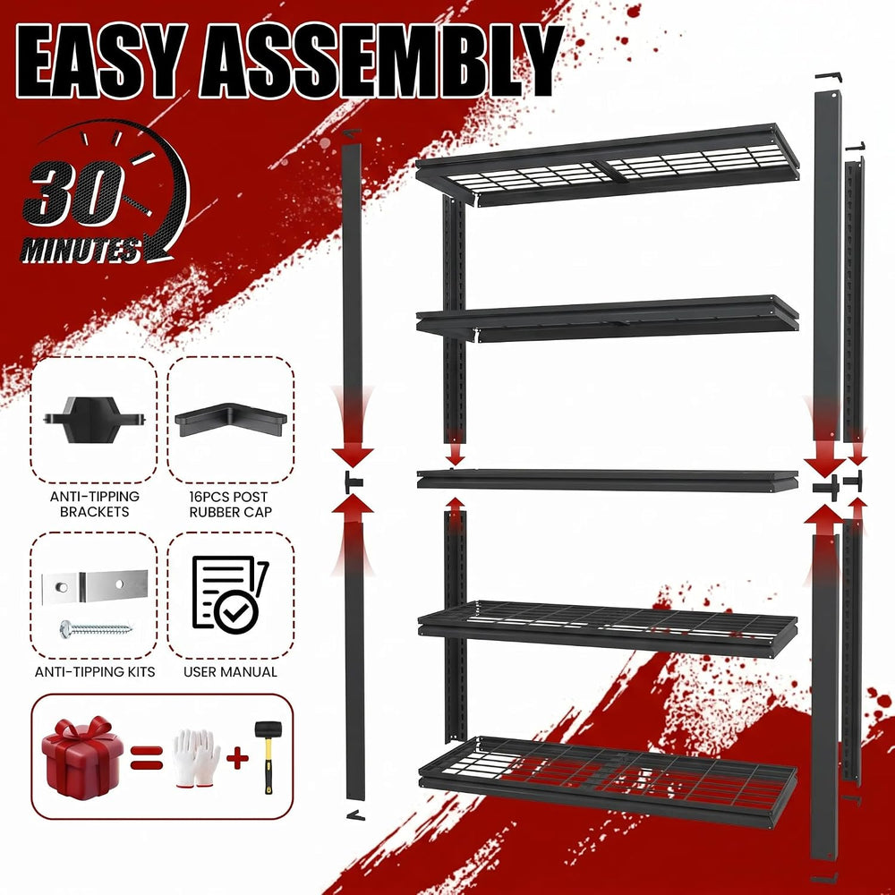 72" H Heavy Duty Garage Shelving, Metal Storage Shelves, 5 Tier Adjustab...