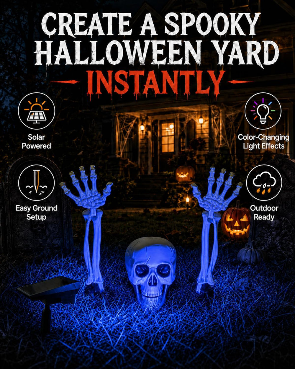 Solar Halloween Lights Outdoor with Skeleton Head and Hands