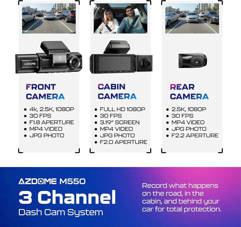 AZDOME M550 3CH Dash Cam 4K - 3.19" Screen IR Night Vision - 24H Parking...