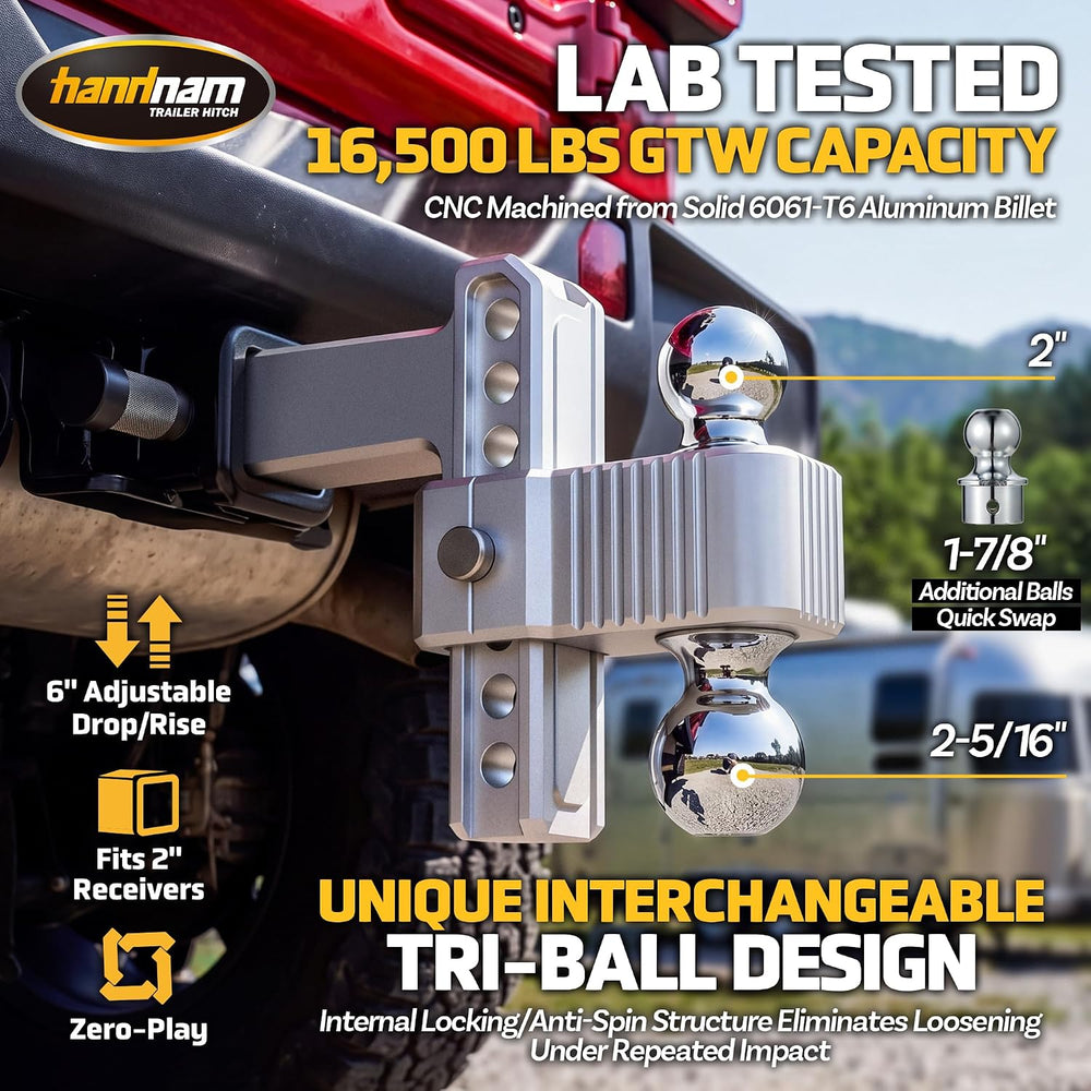 Aluminum Adjustable Trailer Hitch for 2" Receiver, 6 in Drop/Rise Tow Hitch