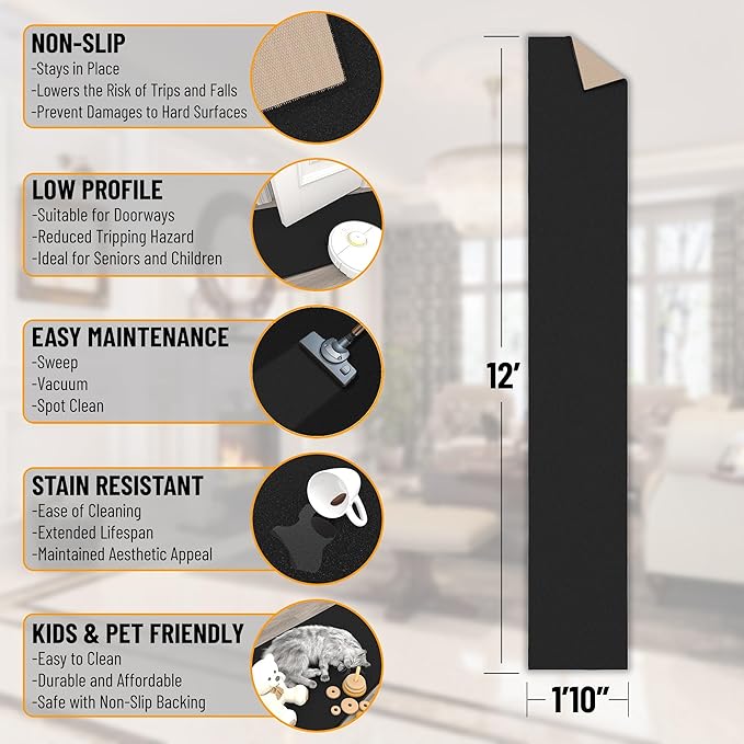 Ottomanson Hallway Runner Rug 1'10" x 12' Non Slip Solid Area Ru...
