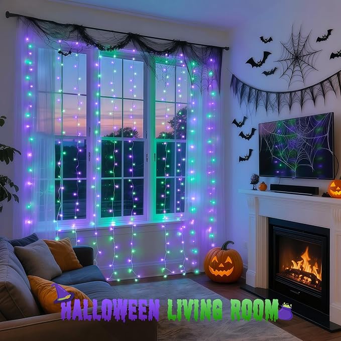 JMEXSUSS 300LED Halloween Curtain Lights with Remote, 9.8x9.8ft Halloween Lig...