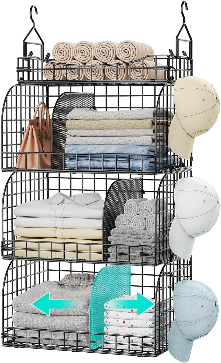 HapiRm Hanging Closet Organizer Storage - 4 Tier Metal Stackable Hanging Clos...