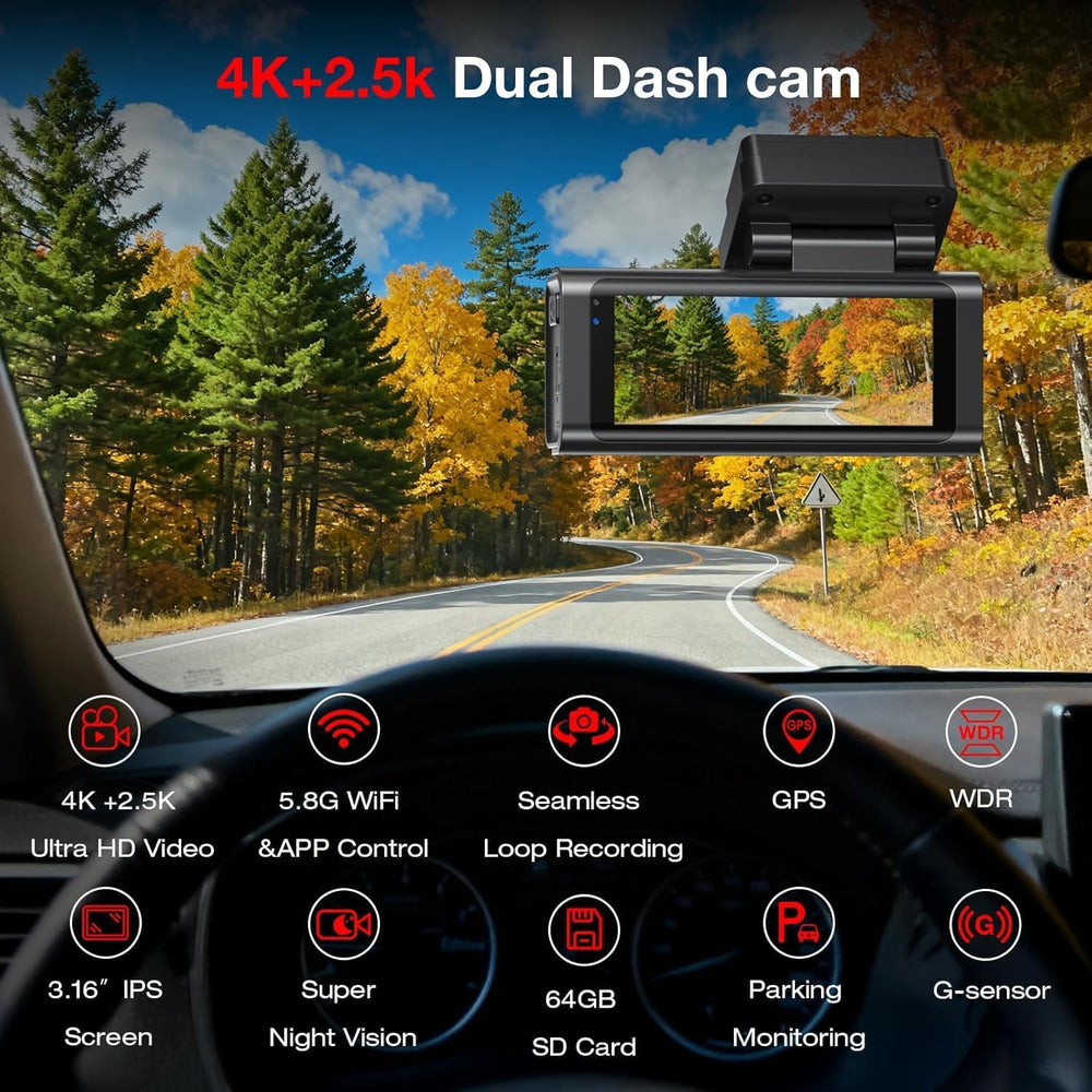 4K+2.5K Dash Cam Front and Rear, Built-in GPS, 5.8G WiFi, Free 64GB Card Incl...
