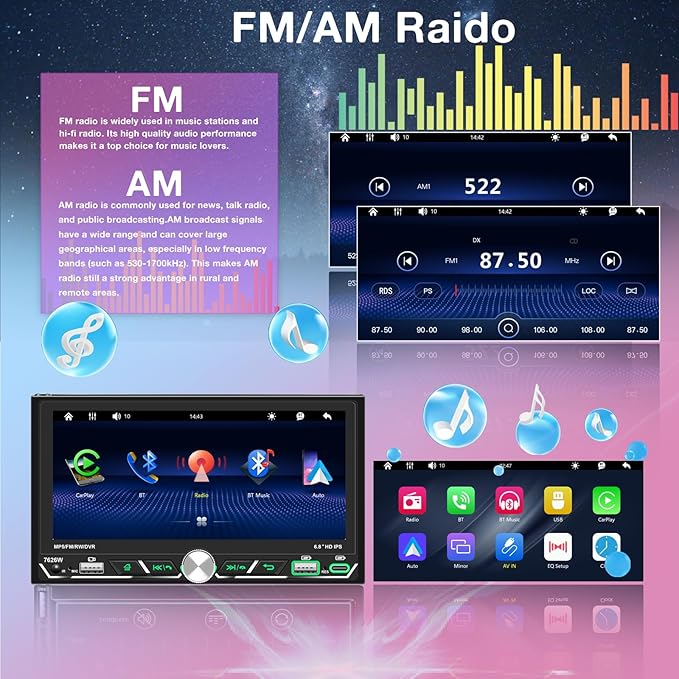 Wireless Apple CarPlay, Double Din Car Stereo, FM AM Car Radio, HD 1280*600