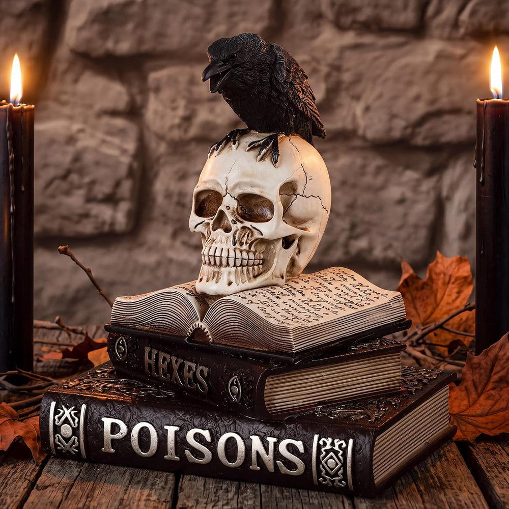 Canchiing Halloween Witch Spellbook Decor Skull Raven Mantel Tabletop Decor
