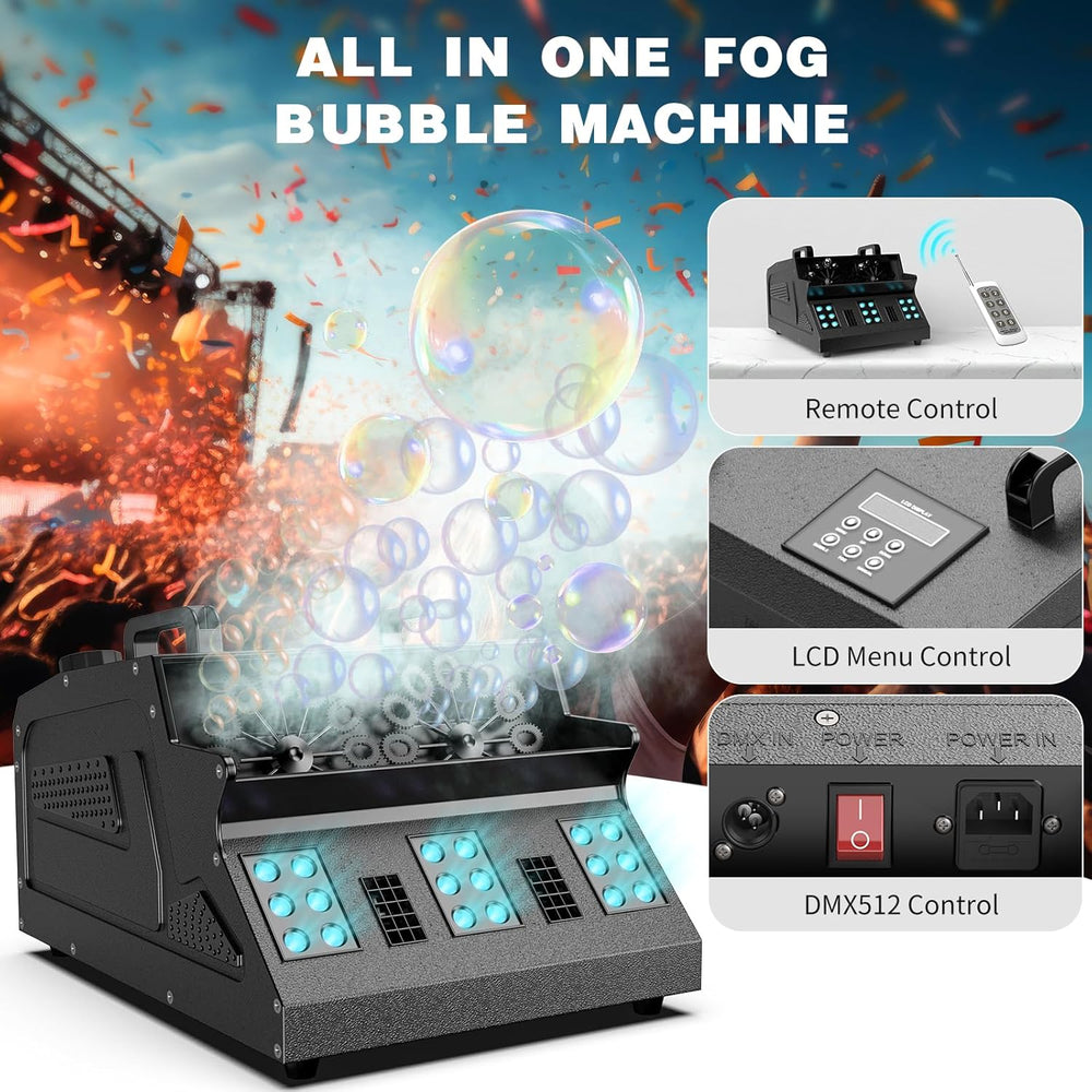 2000W Fog Machine, 3 in 1 Fog Bubble Machine with 2 Bubble Fans, 18 RGB LED L...
