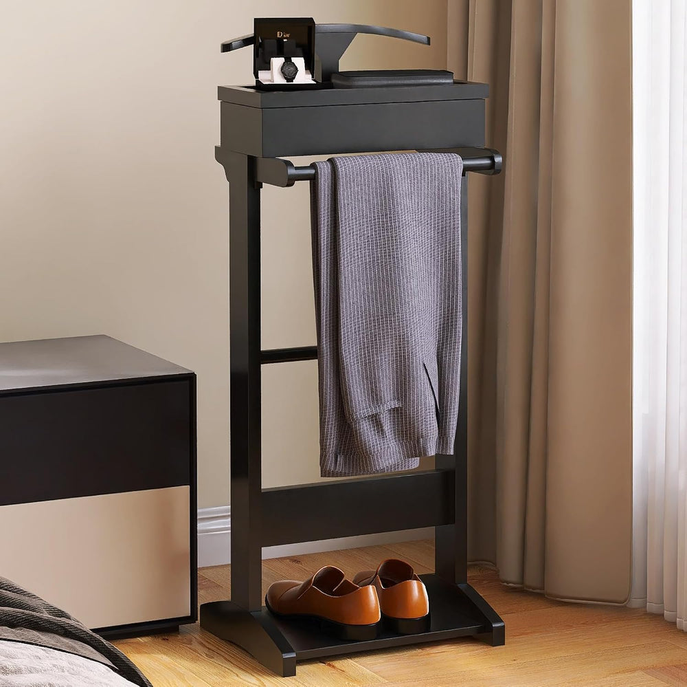 Wooden Mens Valet Stand, Clothes Rack with Flip Tray & Suit Hanger & Rod