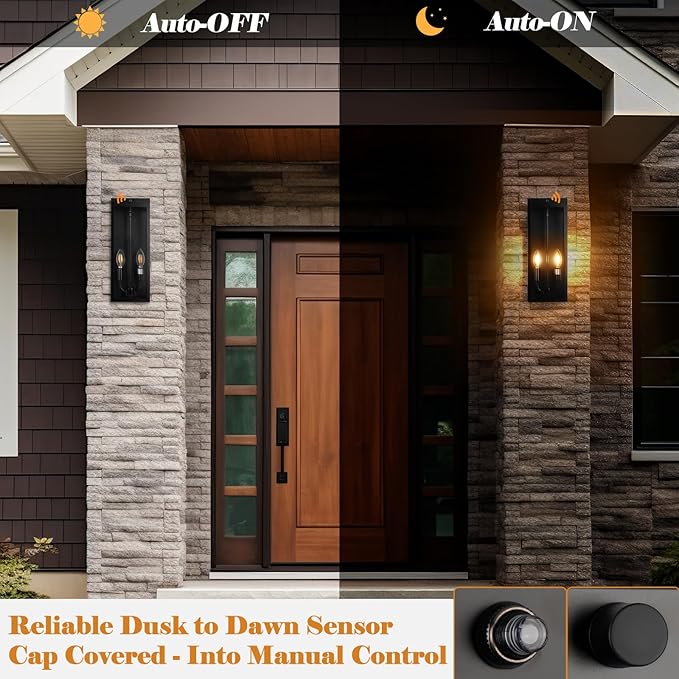 16” Dusk to Dawn Outdoor Lighting, 2 Pack Black Modern Porch Outside Lights
