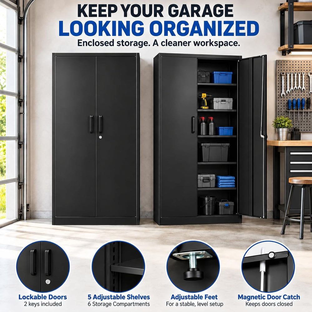 Metal Garage Storage Cabinet with Lock and 5 Adjustable Shelves, Metal Storag...