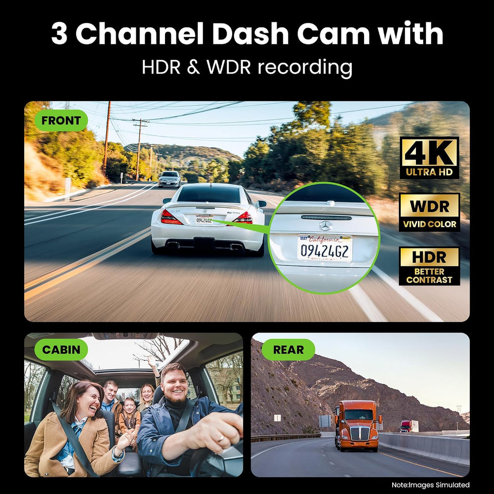 GEARit 4K 3 Channel Dash Cam with Front, Rear and Inside Cameras