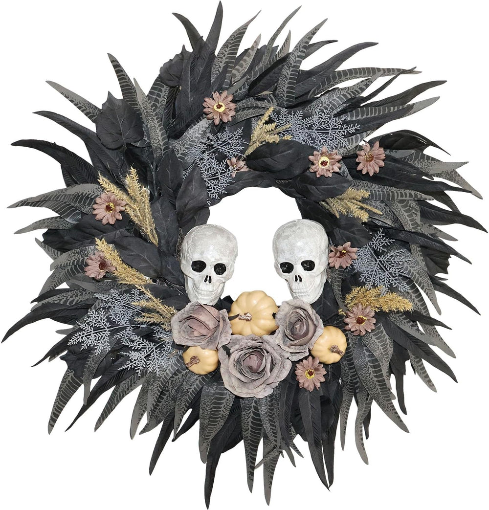 24" Halloween Wreath with 2 Skulls, 3 Pumpkins and Withered Roses
