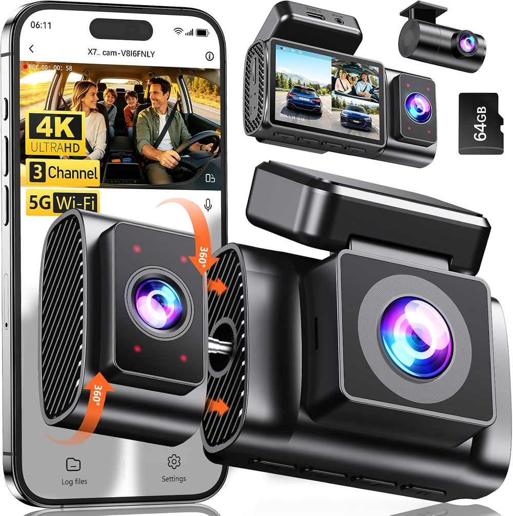 Dash Cam Front and Rear: 4K 3 Channel Dashcam for Car Free 64GB Card