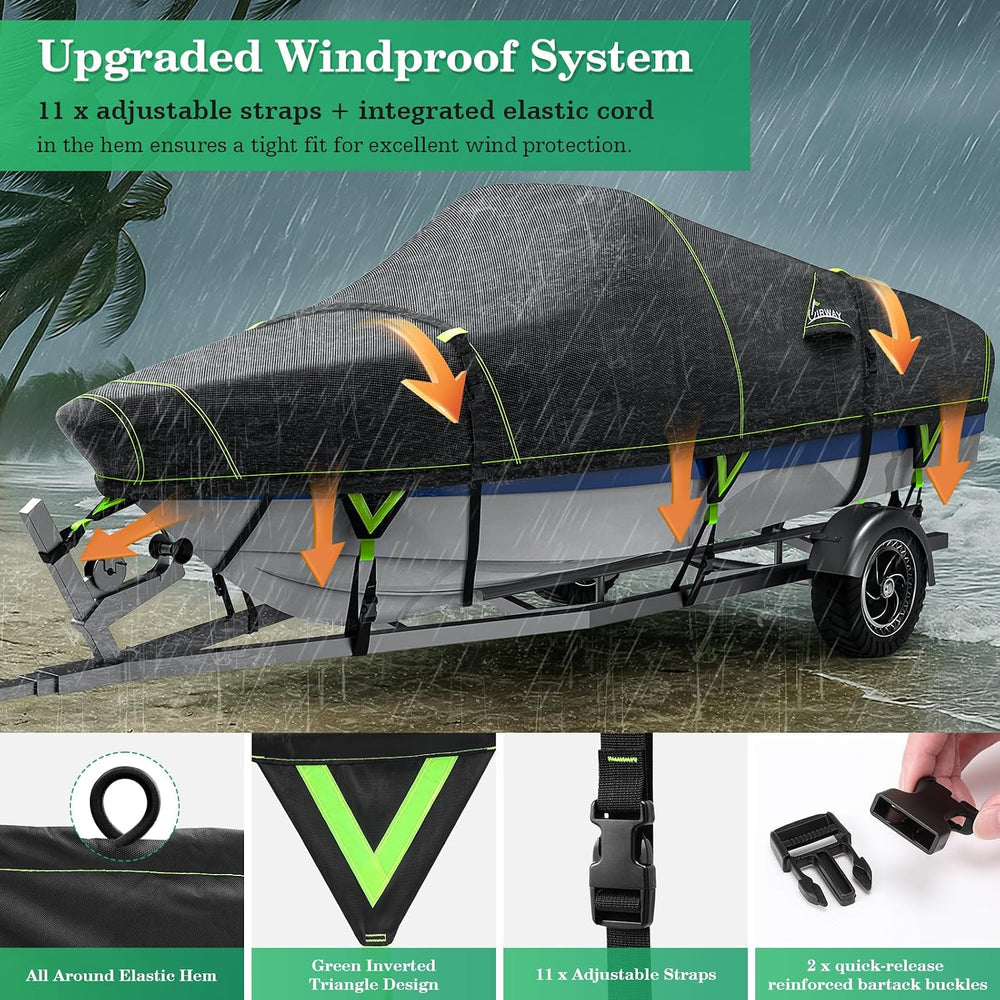 UIRWAY 1200D Heavy Duty Waterproof V-Hull Boat Cover, 14-16ft Trailerable wit...