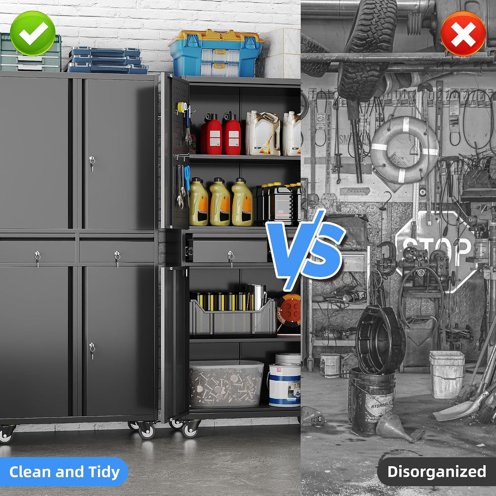 71-Inch Garage Storage Cabinet with 2 Drawers, Wheels and Pegboard