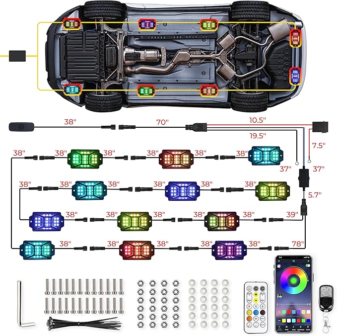 12 Pods 252 LEDs 5 Sides RGB Rock Lights, App/2 Remote Control Rock Lights