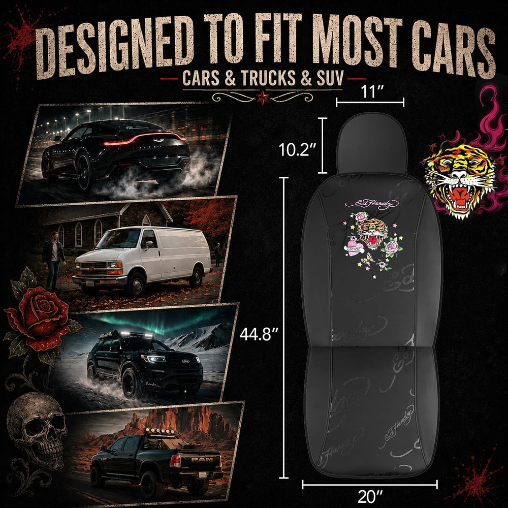 ED HARDY Tiger Print Car Seat Covers, Black Premium Leather Front Seat Covers...