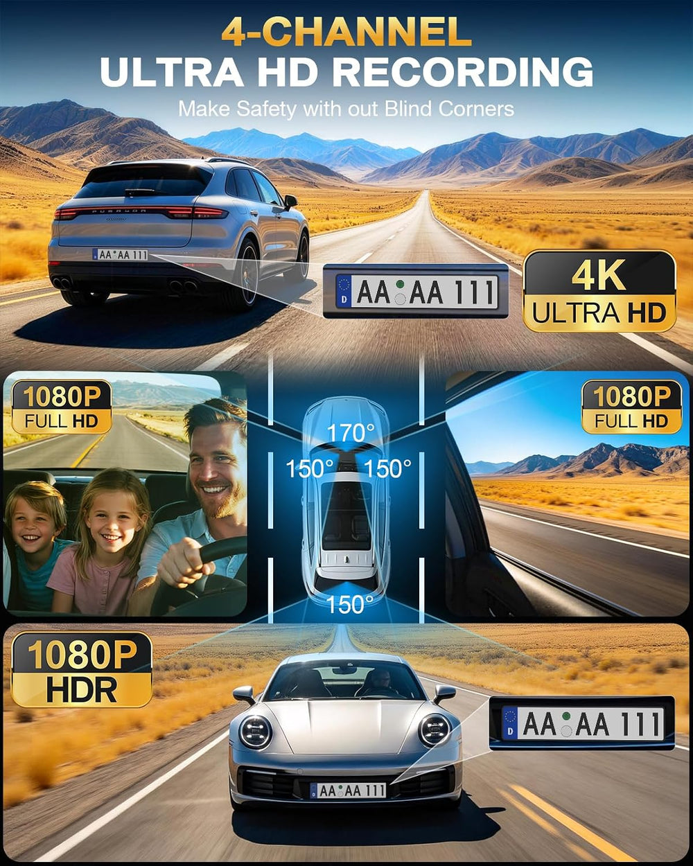 4 Channel 360ยฐ Dash Cam, 4K Front + 1080P Rear/Left/Right, 5GHz WiFi 30MB/s