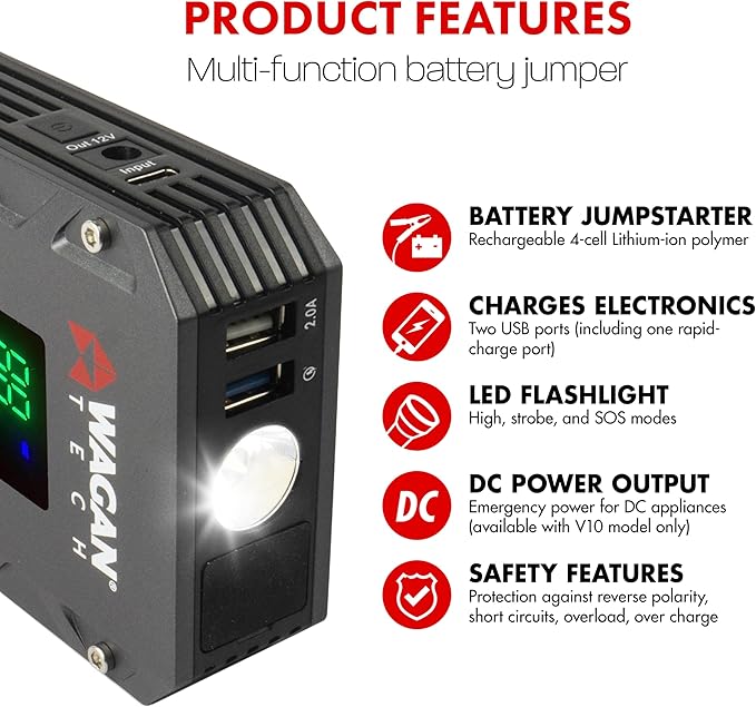 Wagan EL7507 Jump Starter iOnBoost V10 Torque 1000Amp Peak 12V Portable Lithium