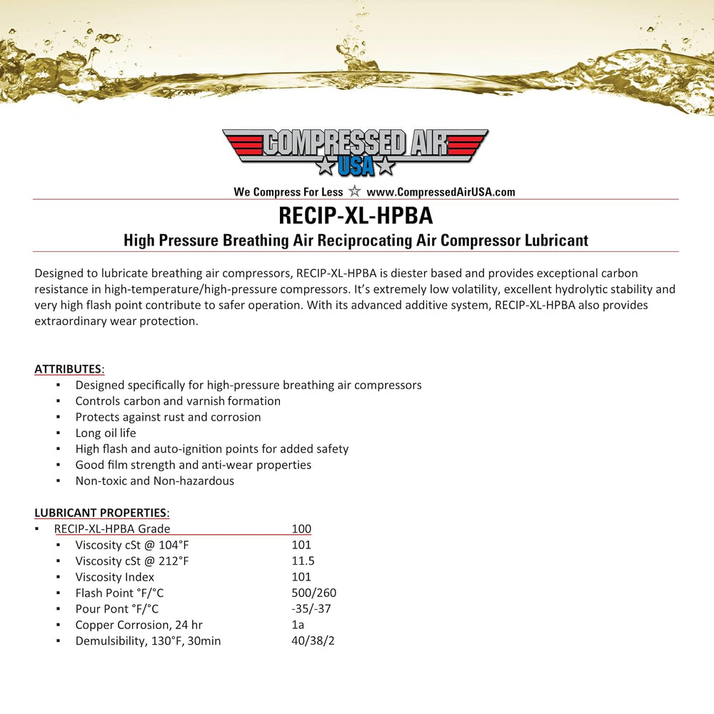 Compressed Air USA Breathing Safe Lubricating Oil for High Pressure Reciproca...