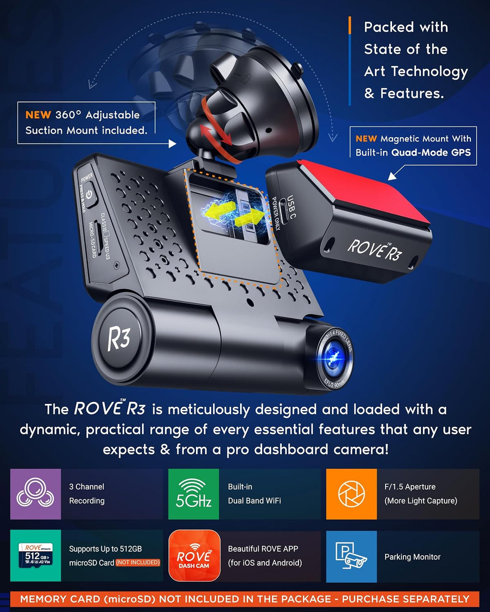 ROVE R3 3 Channel Dash Cam Front and Rear with Cabin, 3in IPS Touch Screen