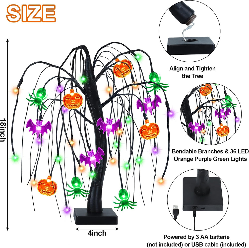 Halloween Table Decor 18 Inch 36 LED Halloween Willow Tree with Pumpkin Bat S...