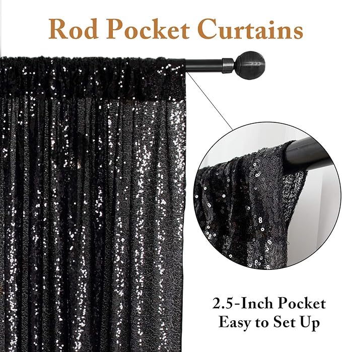 ShinyBeauty Black Sequin Curtains 2FTx8FT 4 Panels | Sparkly Photo Backdrop f...