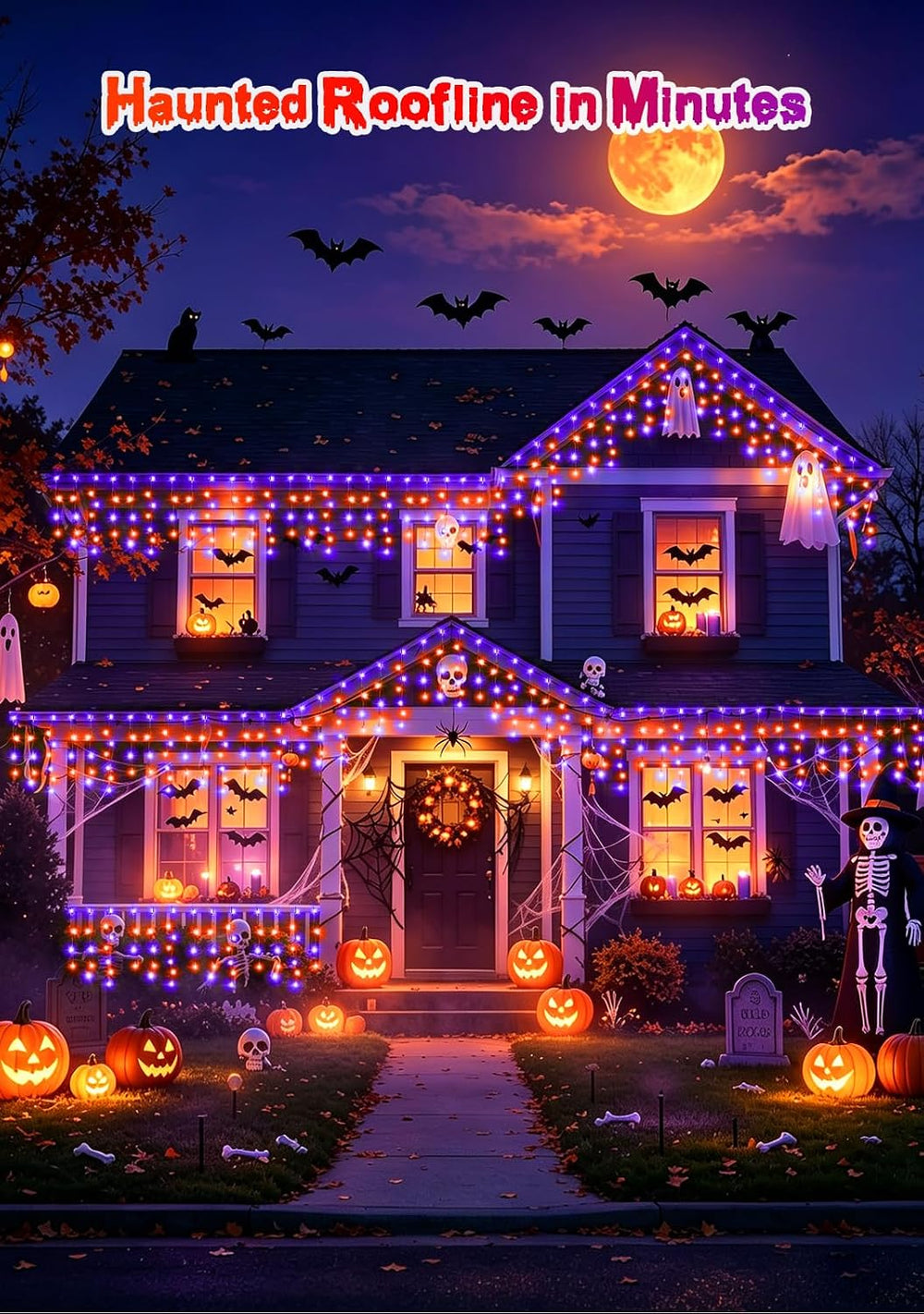 66FT 640LED Orange Purple Halloween Lights Outdoor 8 Modes Plug-in