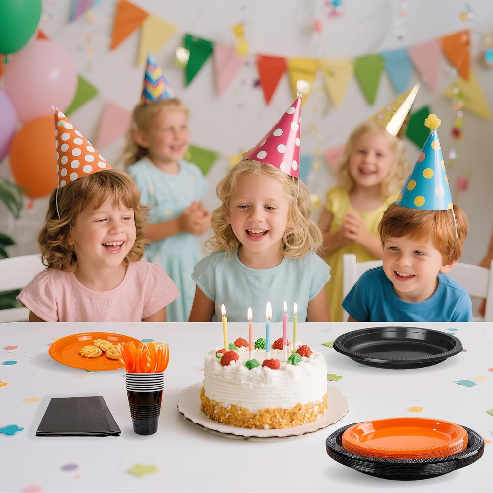 LUODA MirthMood 350PCS black and orange Plastic Plates,Black Disposable Plate...