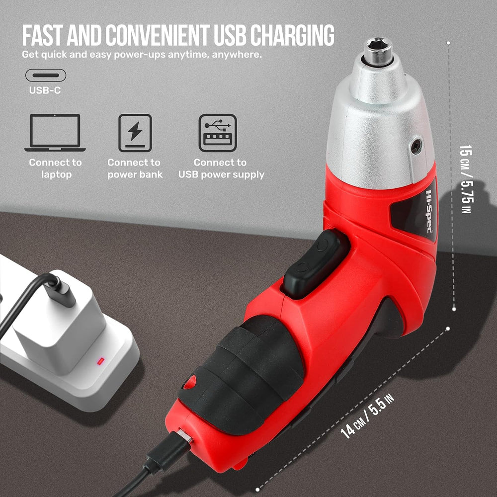 Hi-Spec 3.6V USB Small Power Screwdriver & Home DIY Tool Kit with Case, Red