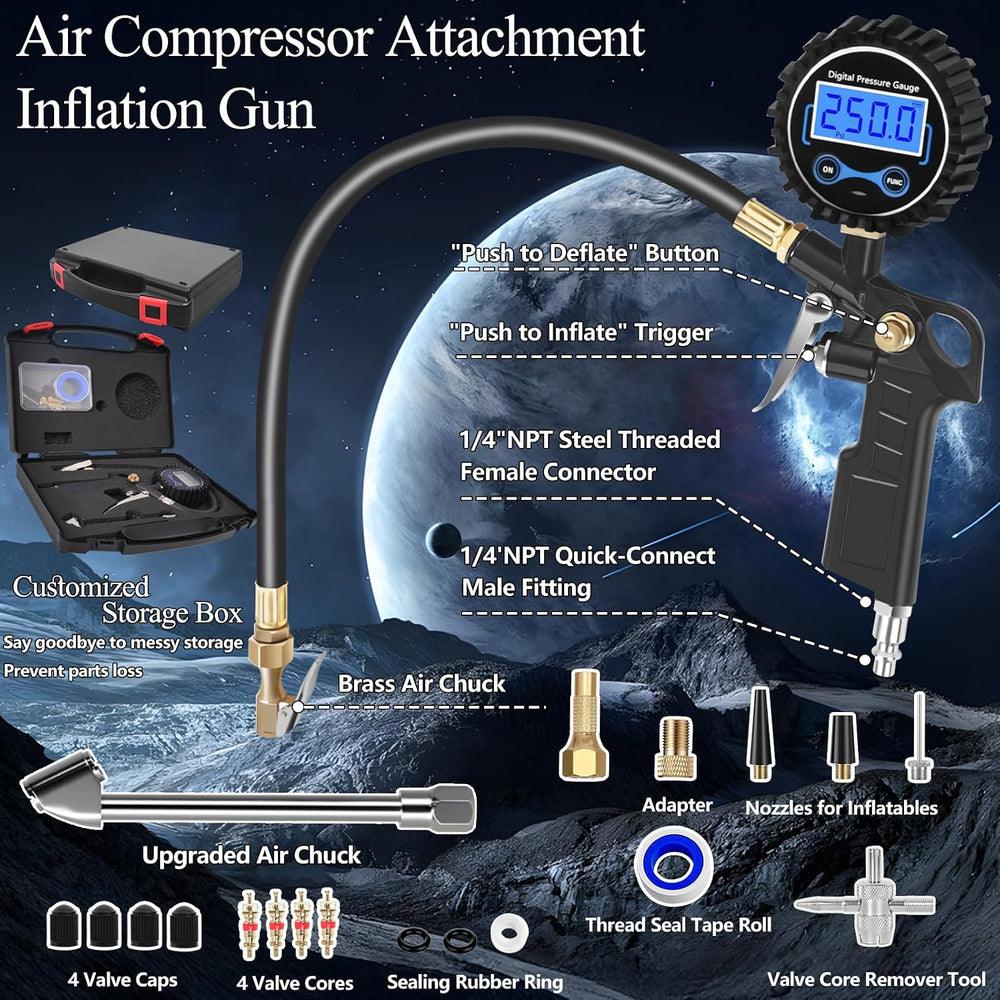 Digital Tire Pressure Gauge with Inflator 250 PSI, Heavy Duty 360° Air Chuck ...