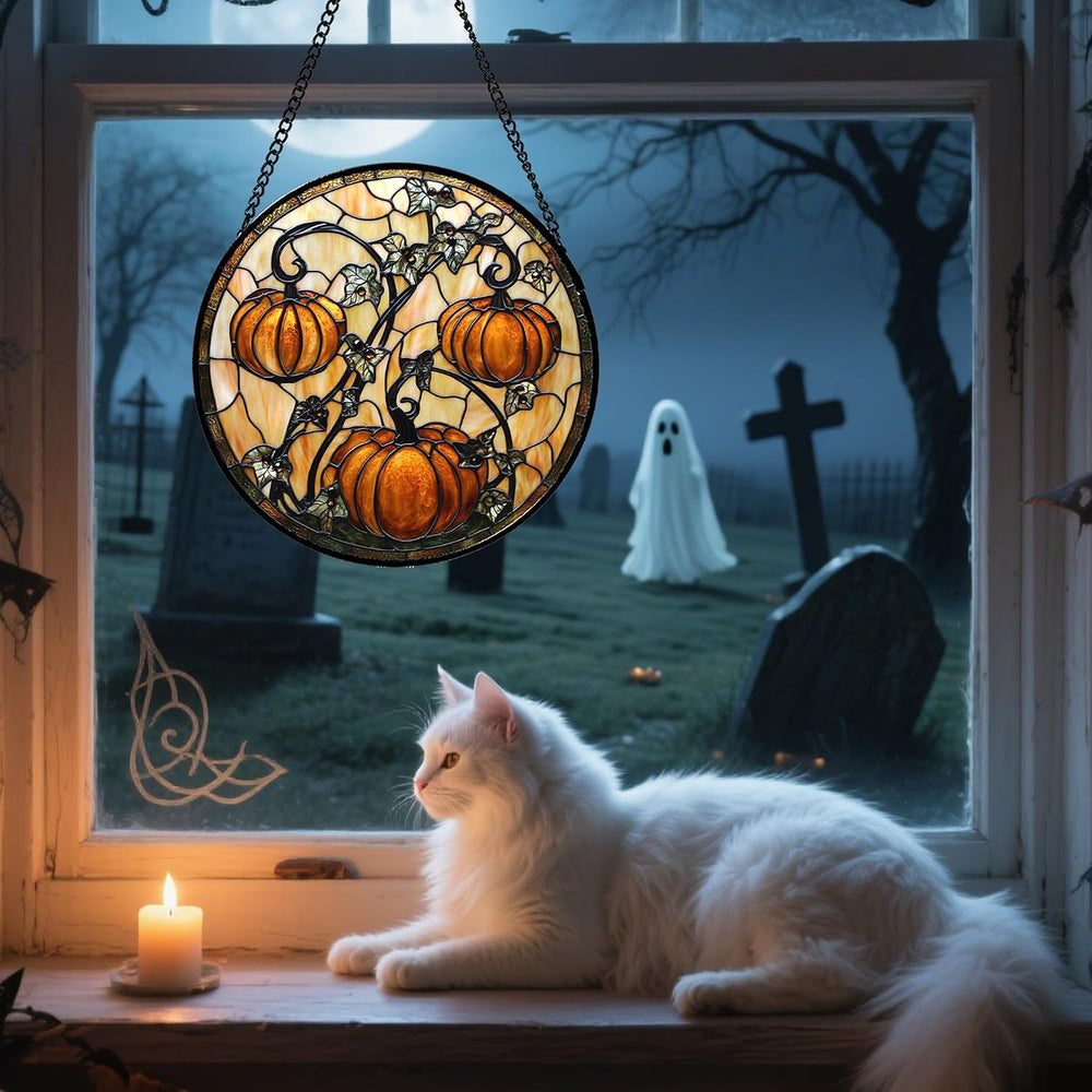 Halloween Orange Pumpkin Vine Leaves Stained Glass Window Hanging Gift 15"