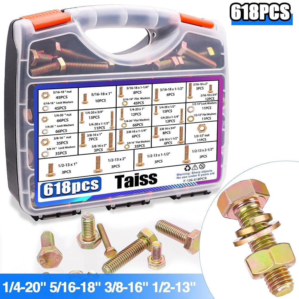 Taiss Grade 8.8 Bolts and Nuts Assortment Kit,1/4-20,5/16-18,3/8-16,1/2-13 He...
