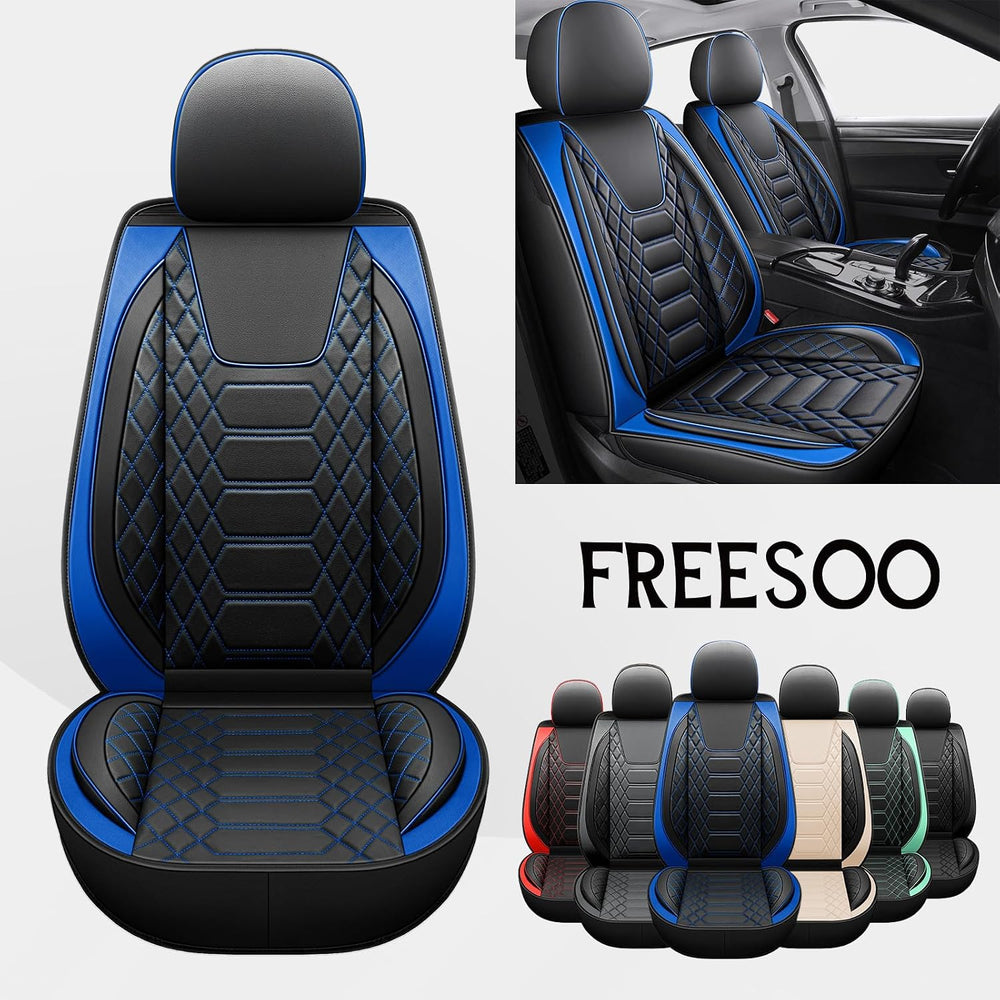 FREESOO Universal Car Seat Covers Full Set Faux Leather Black Blue