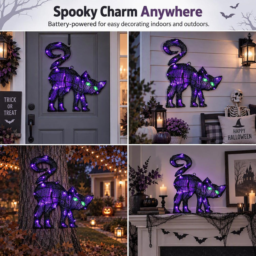 Black Cat Halloween Decor, 17.32 Inch Lighted Hanging Decoration