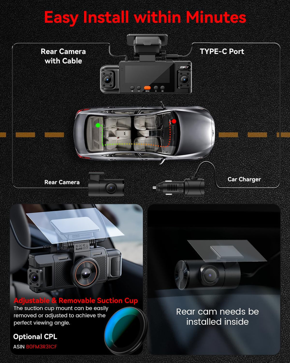 IIWEY N6 360ยฐ Dash Cam 4 Channel, Free 128GB Card, 8 IR Lights Night Vision