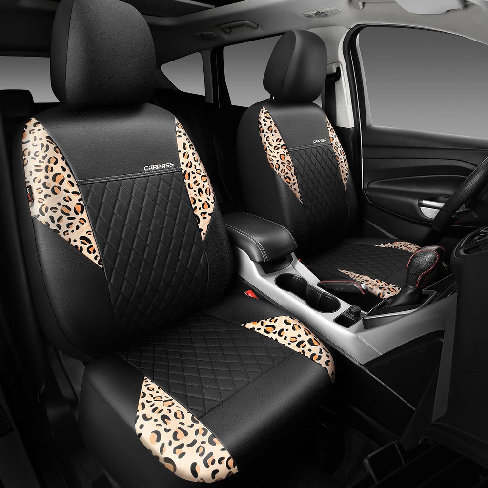CAR PASS Leather Leopard Two Front Seat Cover Only, Universal Quilting Waterp...