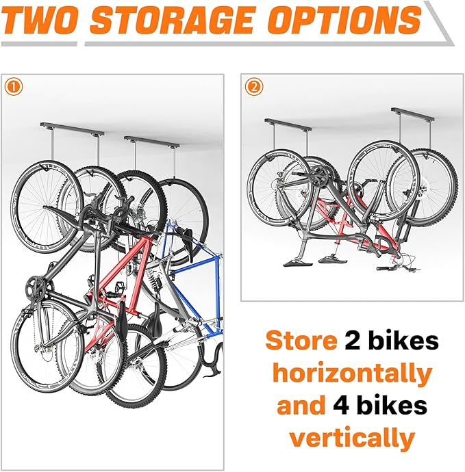 TORACK Overhead Bike Rack for Garage, Ceiling-Mounted Bicycle Storage Hooks for
