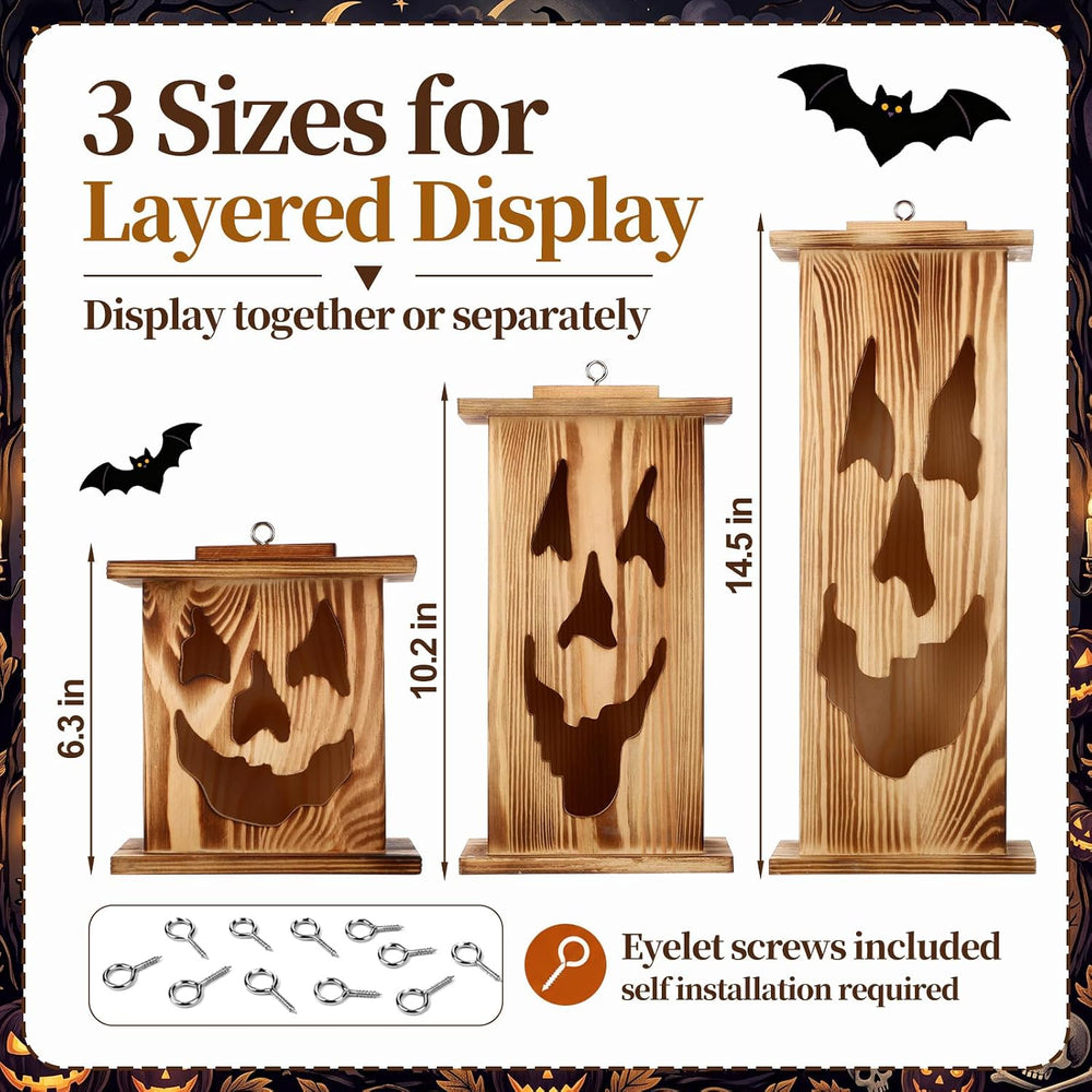 Woanger 3 Pcs Halloween Wooden Lantern Set Spooky Jack O Lantern Decor