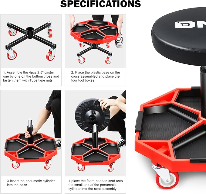 DNA MOTORING TOOLS-00253 Adjustable Height Pneumatic Garage Seat Rolling