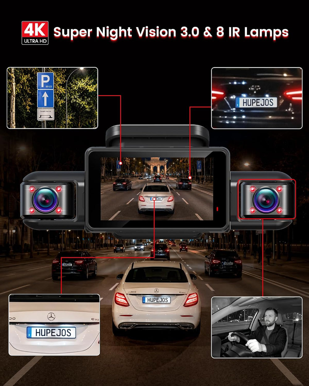 HUPEJOS AI 4K Dash Cam Front and Rear, 360ยฐ View 4 Channel Camera for Car