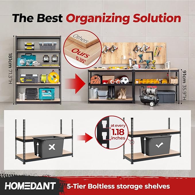 HOMEDANT 5 Tier Laminated Boltless Heavy Duty Garage Storage Adjustable Wide