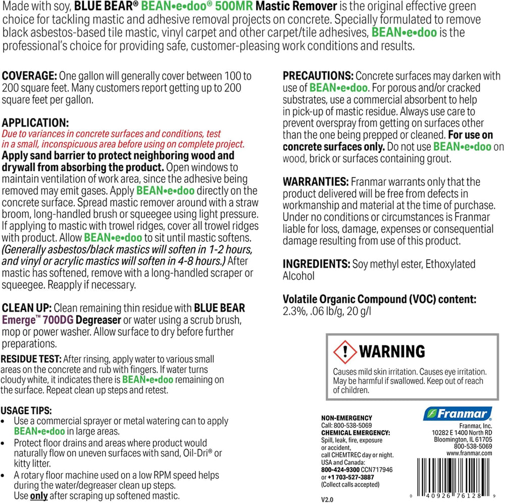 Blue Bear 500MR: BEAN-e-doo Mastic and Adhesive Remover for Concrete 1 Gal