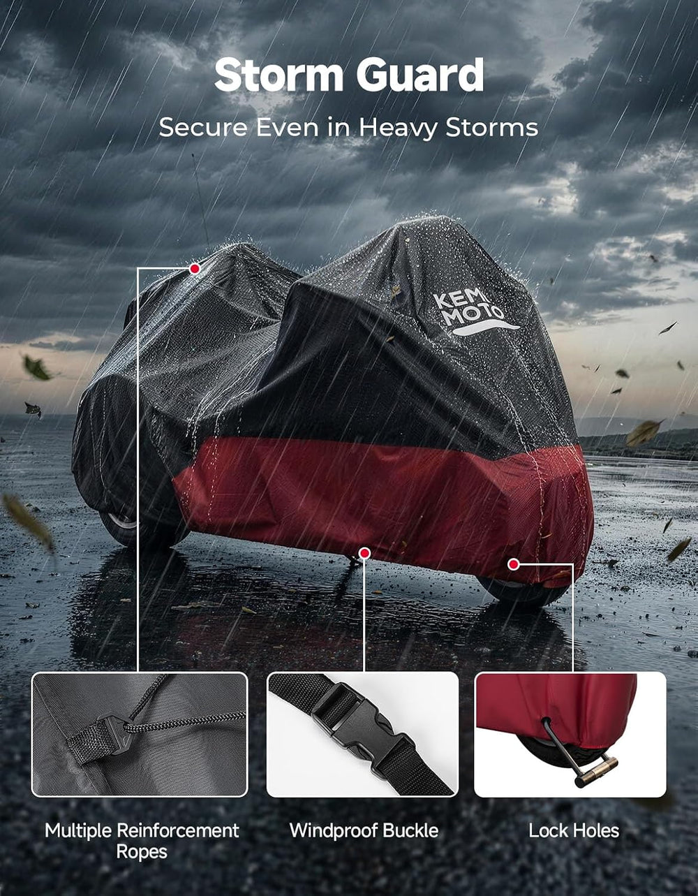 KEMIMOTO Heavy Duty 3 Wheel 420D Motorcycle Cover with Antenna Opening Compat...