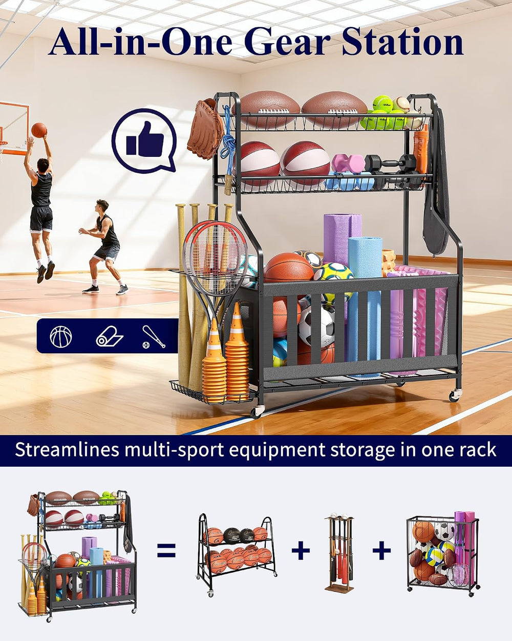 Kitsure Sports Equipment Organizer with Wheels, Garage Ball Storage, 45.6"H
