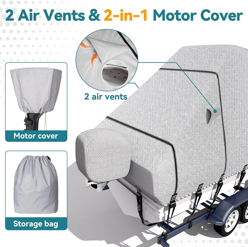 5-ply 1200D T-Top Center Console Boat Cover with Mortor Cover, 19'-21'