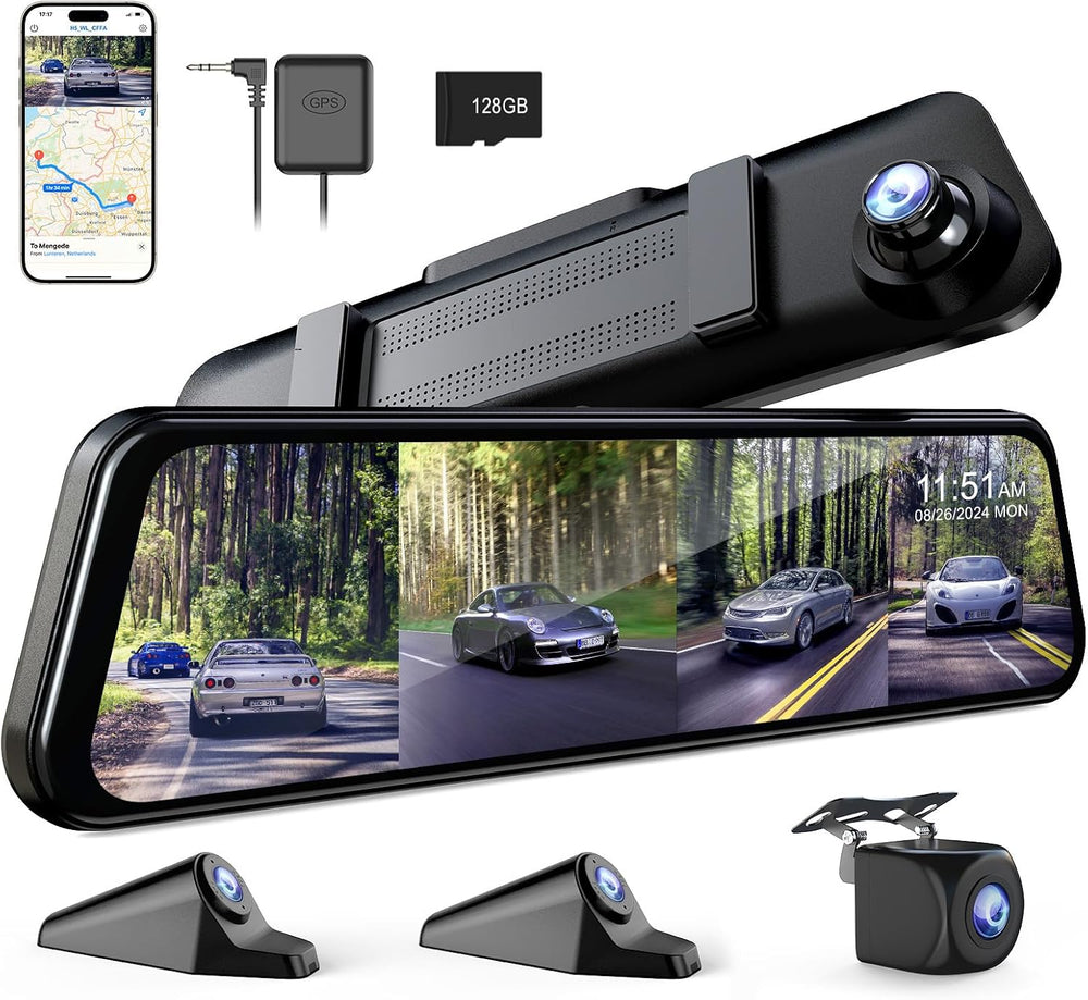 360ยฐ View 4 Channel Mirror Dash Cam Detached Side Camera for Cars